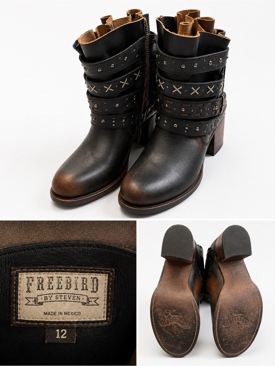 Freebird by Steven Shoes - Freebird by Steven Caspian Black Brown Distressed Leather Studded Short Boots